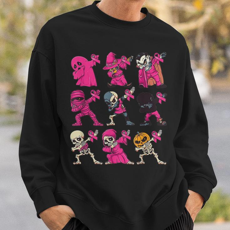 Dabbing Halloween Skeleton Pumpkin Breast Cancer Awareness Sweatshirt Gifts for Him
