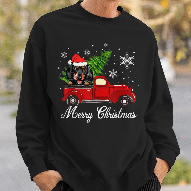 Dachshund Dog Riding Red Truck Christmas Decorations Pajama Sweatshirt Gifts for Him