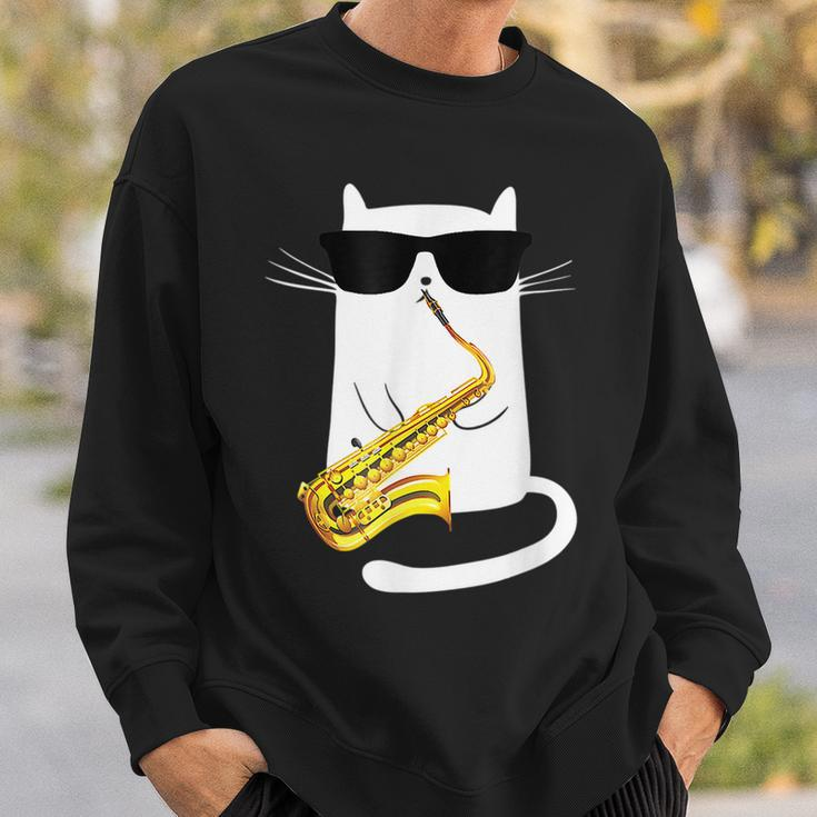 Funny Cat Wearing Sunglasses Playing Saxophone Sweatshirt Gifts for Him