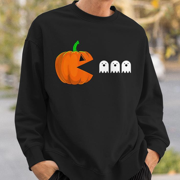 Halloween Pumpkin Eating Ghost Gamer Humor Novelty Sweatshirt Gifts for Him