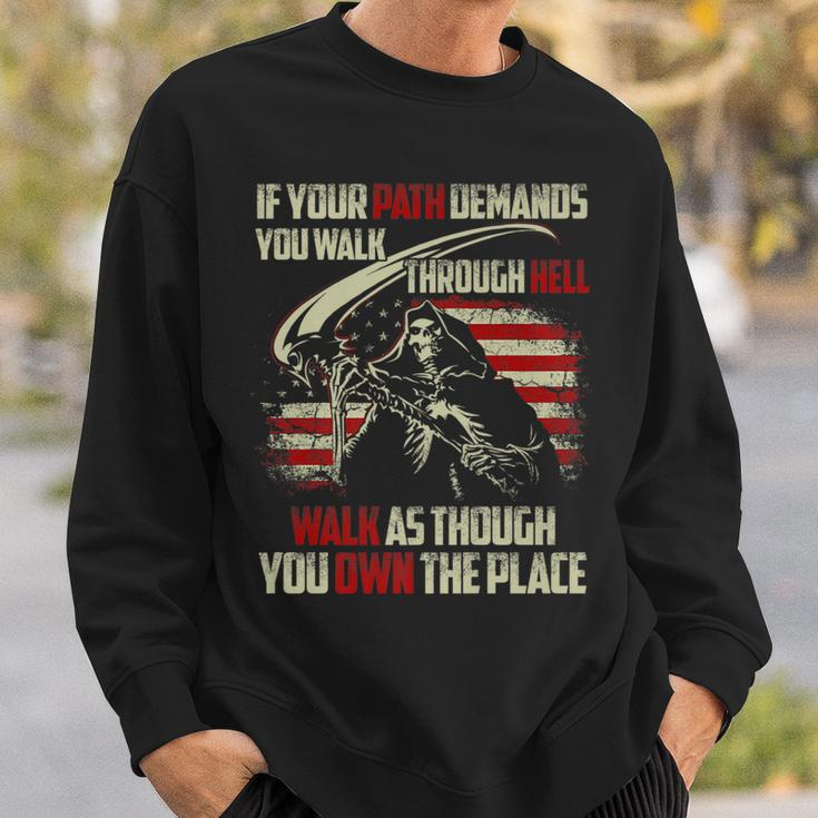 If Your Path Demands You Walk Through Hell Skeleton Usa Flag Usa Funny Gifts Sweatshirt Gifts for Him