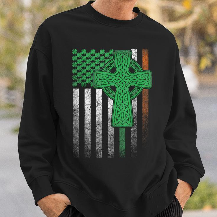 Irish American Flag Ireland Flag St Patricks Day Cross Sweatshirt Gifts for Him