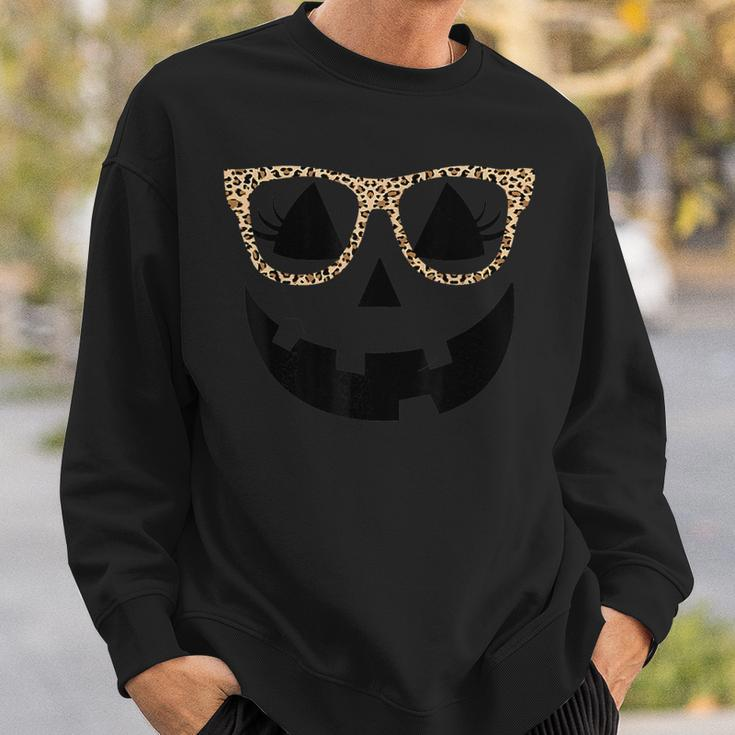 Jack O Lantern Face Pumpkin Halloween Leopard Glasses Sweatshirt Gifts for Him