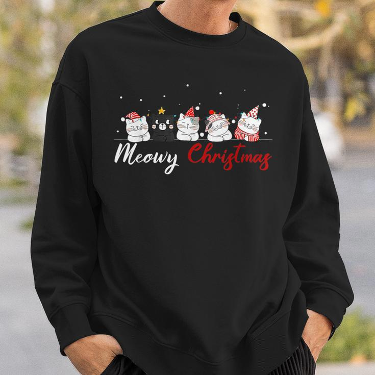 Meowy Catmas Santa Hat Xmas Cat Lover Christmas Lights Sweatshirt Gifts for Him