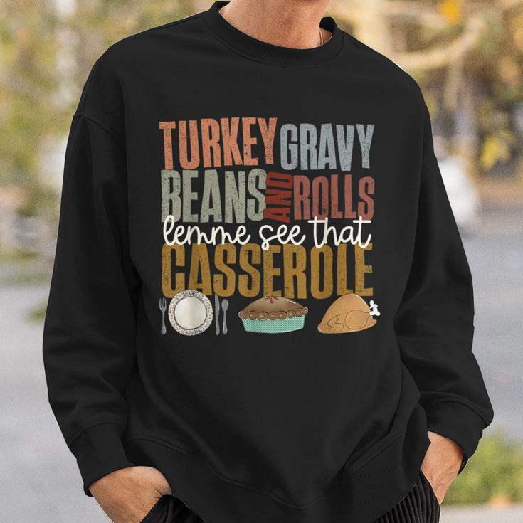 Turkey Gravy Beans Rolls Casserole Retro Thanksgiving Autumn Sweatshirt Gifts for Him