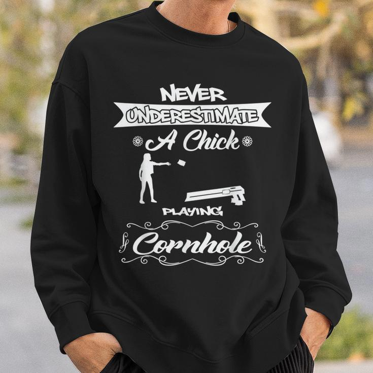 Never Underestimate A Chick Playing Cornhole Sweatshirt Gifts for Him