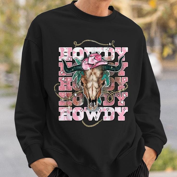 Vintage Pink Leopard Howdy Bull Skull Cowgirl Rodeo Western Sweatshirt Gifts for Him