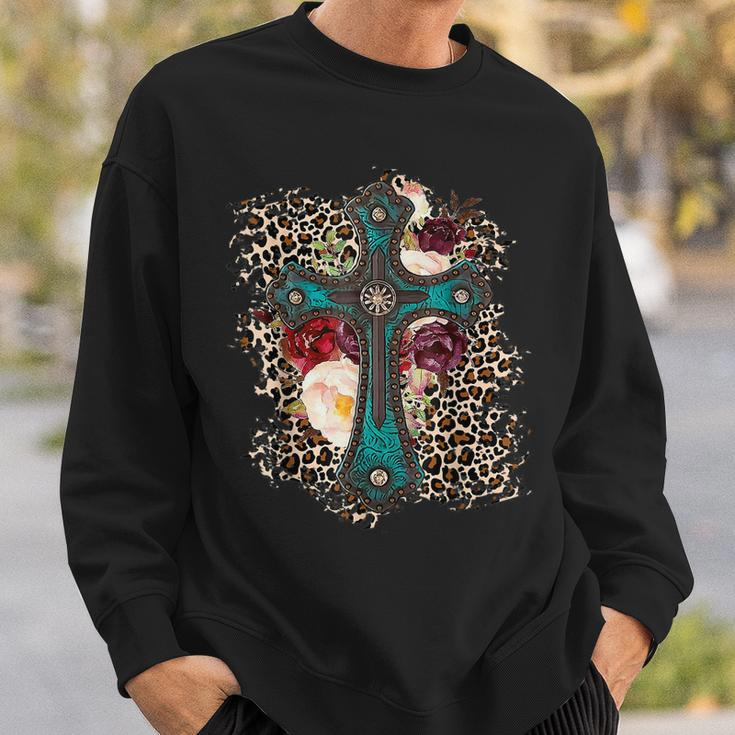 Western Leopard Flowers Cross Christian Cowgirl Sweatshirt Gifts for Him