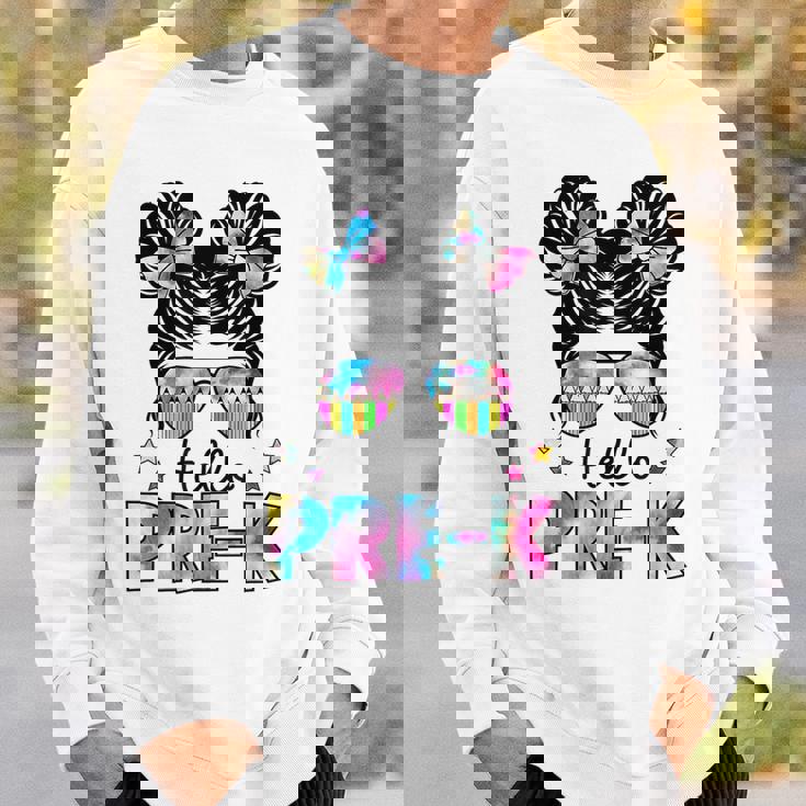 First Day Of Prek Hello Prek Girls Teacher Messy Bun Sweatshirt Gifts for Him