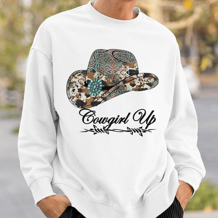 Western Cowgirl Up Leopard Turquoise Hat Cowhide Rodeo Sweatshirt Gifts for Him