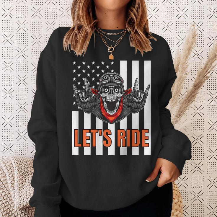 American Flag Skeleton Biker Motorcycle - Design On Back Biker Funny Gifts Sweatshirt Gifts for Her