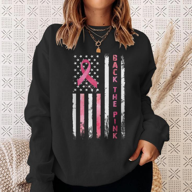 Back The Pink Ribbon American Flag Breast Cancer Warrior Sweatshirt Gifts for Her