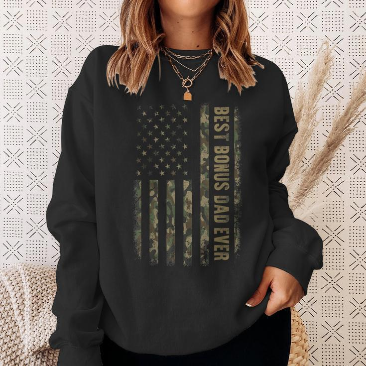 Best Bonus Dad Ever Camouflage American Flag Fathers Day Sweatshirt Gifts for Her