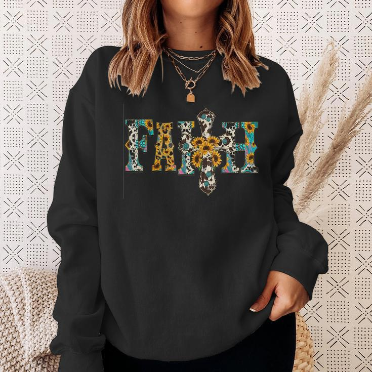 Cowhide Sunflowers Turquoise Faith Cross Jesus Cowgirl Rodeo Sweatshirt Gifts for Her