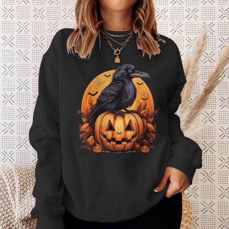 Crow Bird On Pumpkin Crow And Jack O Lantern Halloween Party Sweatshirt Gifts for Her