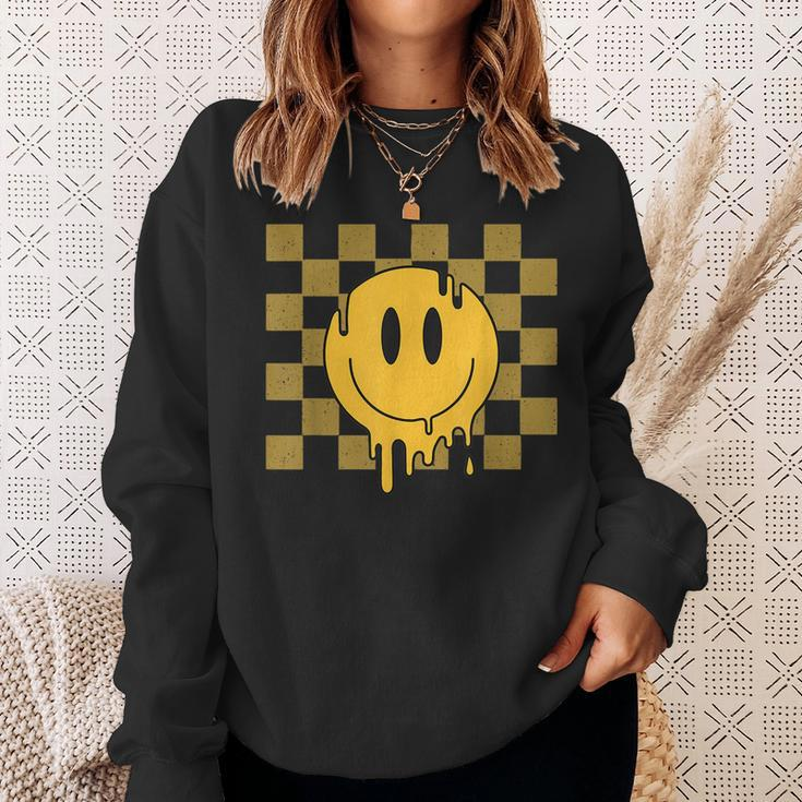 Cute Retro Happy Face Checkered Pattern Yellow Melting Face Sweatshirt Gifts for Her