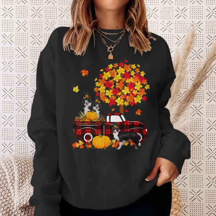 Dog Border Collie Three Border Collies On Pickup Truck Thanksgiving Fall Tree Sweatshirt Gifts for Her