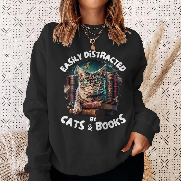 Easily Distracted By Cats And Books Librarians Bibliophiles Sweatshirt Gifts for Her