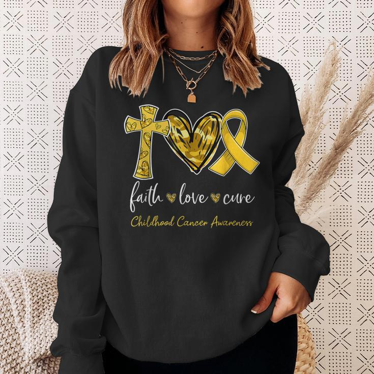 Faith Love Cure Gold Ribbon Childhood Cancer Awareness Sweatshirt Gifts for Her
