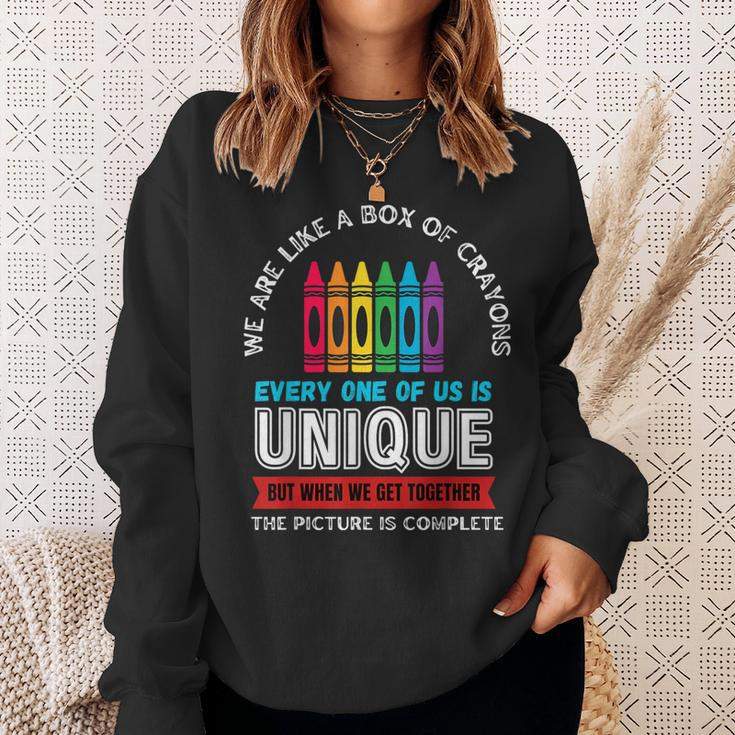 First Day Back To School We Are Like Box Of Crayons Teacher Sweatshirt Gifts for Her