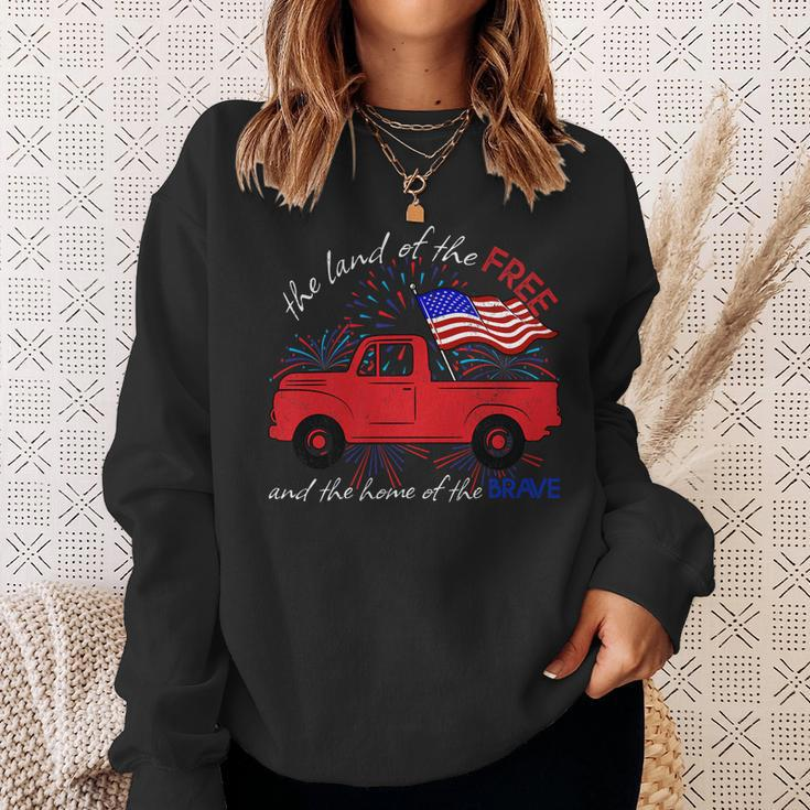 Fourth Of July Patriotic Classic Pickup Truck American Flag Sweatshirt Gifts for Her