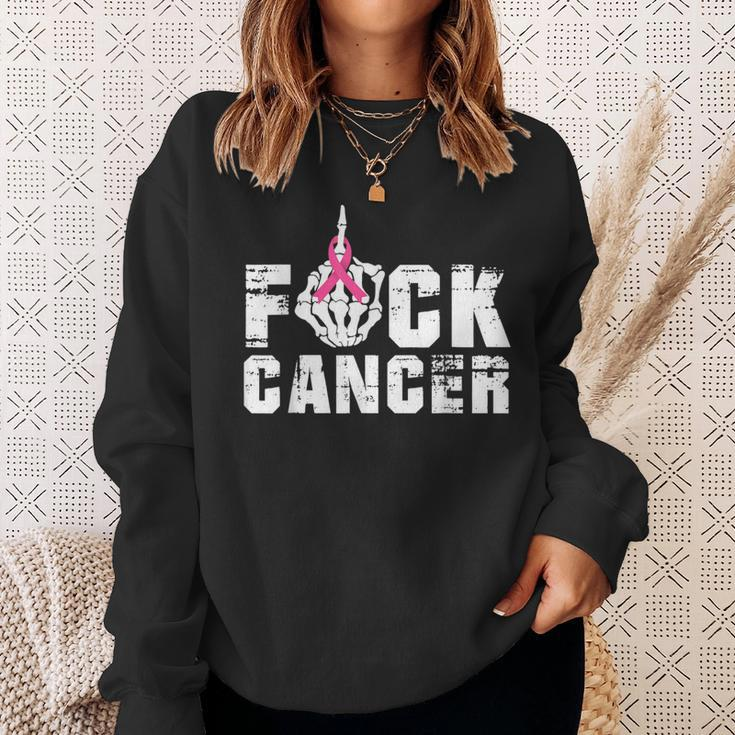 Fuck Cancer Skeleton Middle Breast Cancer Warrior Octocber Sweatshirt Gifts for Her