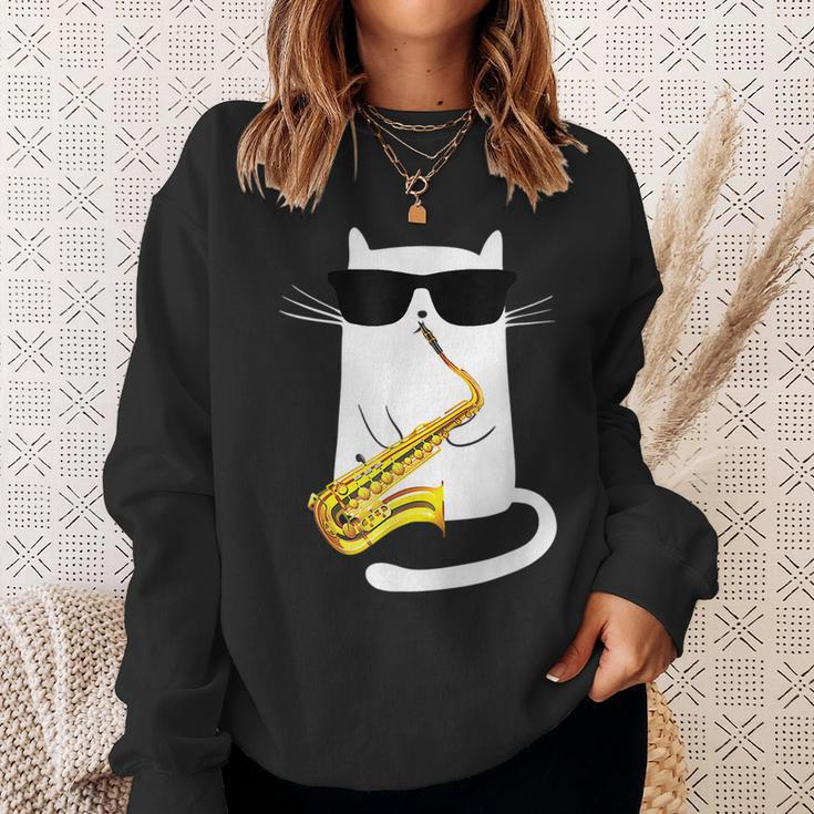 Funny Cat Wearing Sunglasses Playing Saxophone Sweatshirt Gifts for Her