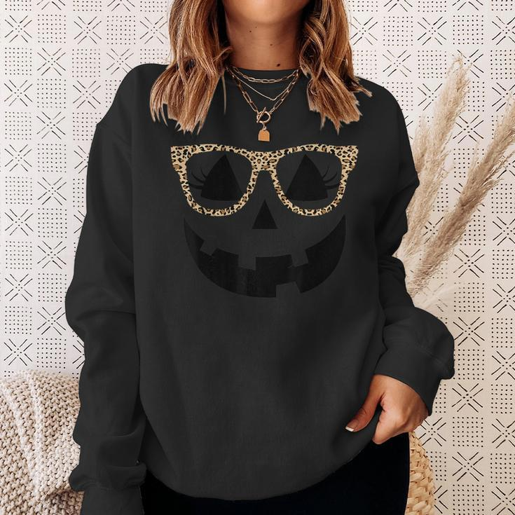 Jack O Lantern Face Pumpkin Halloween Leopard Glasses Sweatshirt Gifts for Her