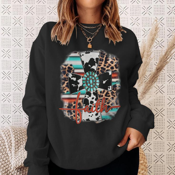 Leopard Serape Turquoise Leopard Western Faith Cross Cowgirl Sweatshirt Gifts for Her