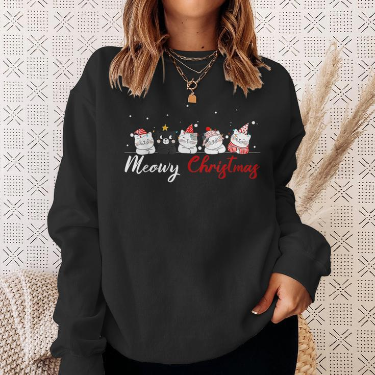 Meowy Catmas Santa Hat Xmas Cat Lover Christmas Lights Sweatshirt Gifts for Her