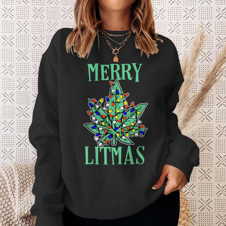 Merry Litmas Pot Leaf Christmas Tree Lights Marijuana Sweatshirt Gifts for Her