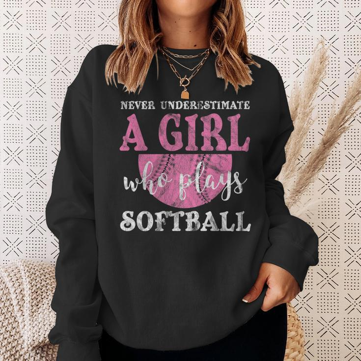 Never Underestimate A Girl Who Plays Softball Grunge Look Sweatshirt Gifts for Her