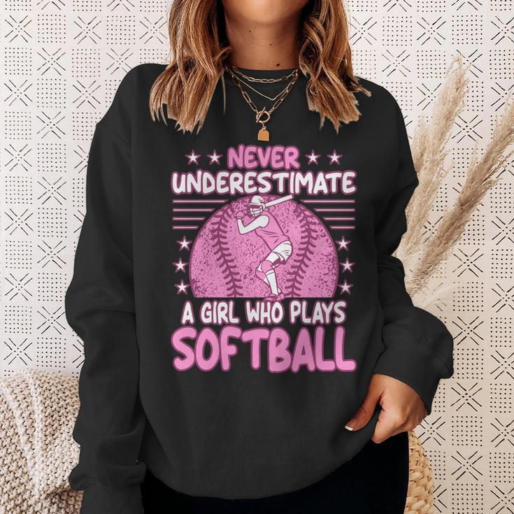 Never Underestimate A Girl Who Plays Softball Sweatshirt Gifts for Her
