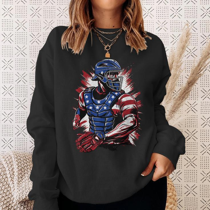 Patriotic Baseball Catcher Vintage American Flag 4Th Of July Sweatshirt Gifts for Her