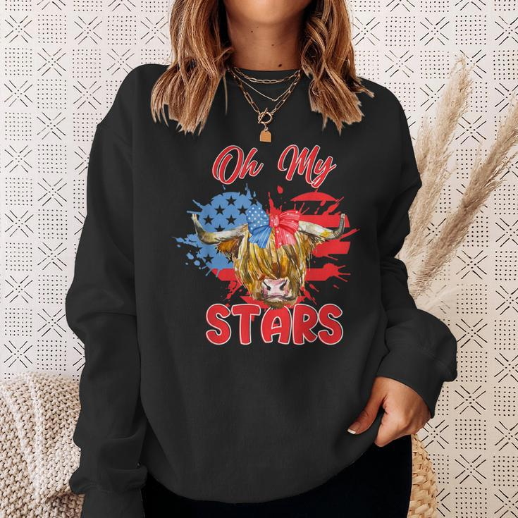 Patriotic Highland Cow Oh My Stars 4Th Of July American Flag Sweatshirt Gifts for Her