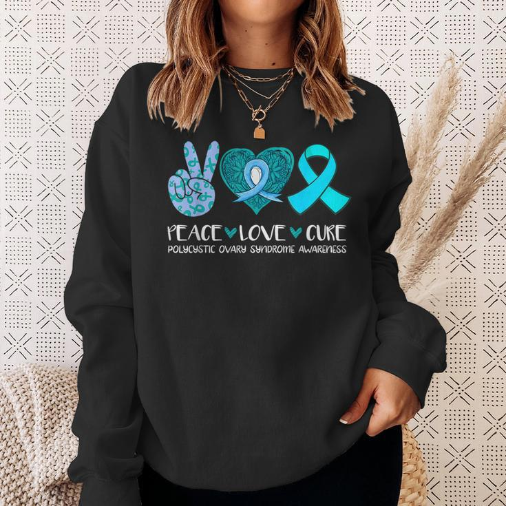 Peace Love Cure Polycystic Ovary Syndrome Pcos Teal Ribbon Sweatshirt Gifts for Her