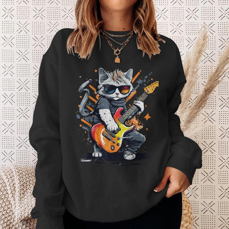 Rock Cat Playing Guitar Guitar Cat Sweatshirt Gifts for Her