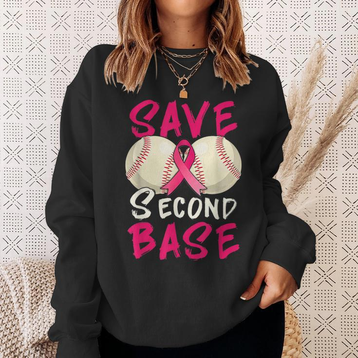 Save Second 2Nd Base Baseball Pink Ribbon Breast Cancer Sweatshirt Gifts for Her