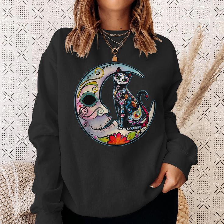 Sugar Skull Moon Cat Mexican Day Of Dead Dia De Los Muertos Sweatshirt Gifts for Her