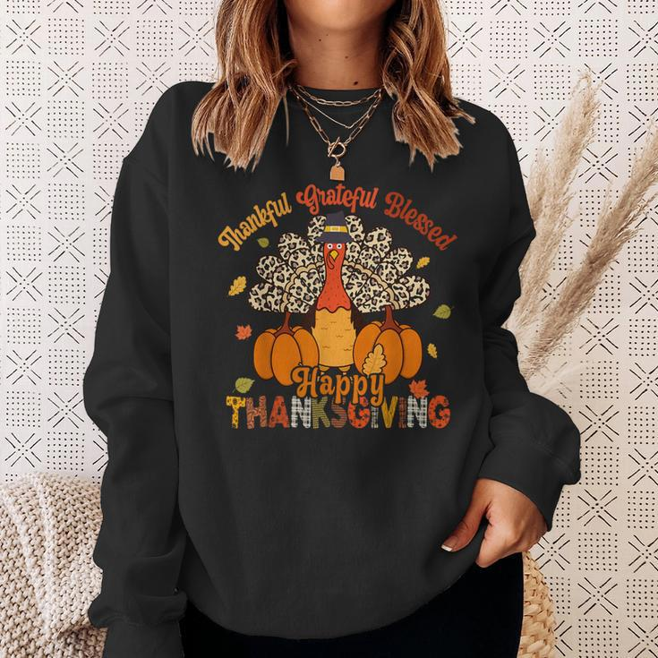 Thankful Grateful Blessed Thanksgiving Turkey Leopard Print Sweatshirt Gifts for Her