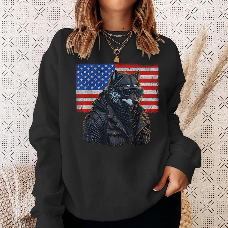 Vintage Patriotic Biker Wolf Shades Rustic American Flag Usa Sweatshirt Gifts for Her