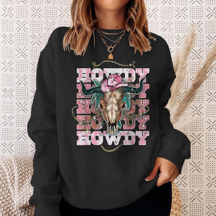 Vintage Pink Leopard Howdy Bull Skull Cowgirl Rodeo Western Sweatshirt Gifts for Her