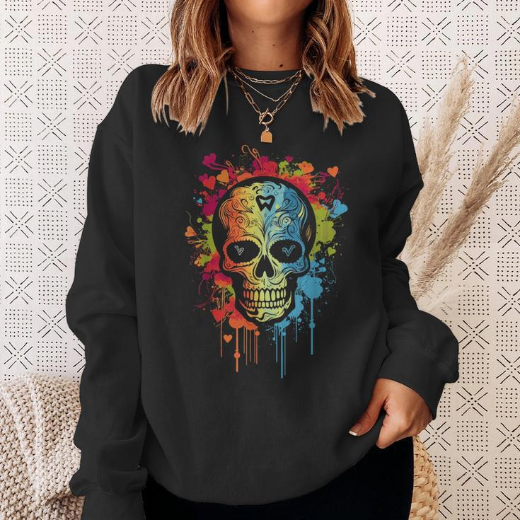 Watercolor Skull Graphic Color Skull Halloween Sweatshirt Gifts for Her