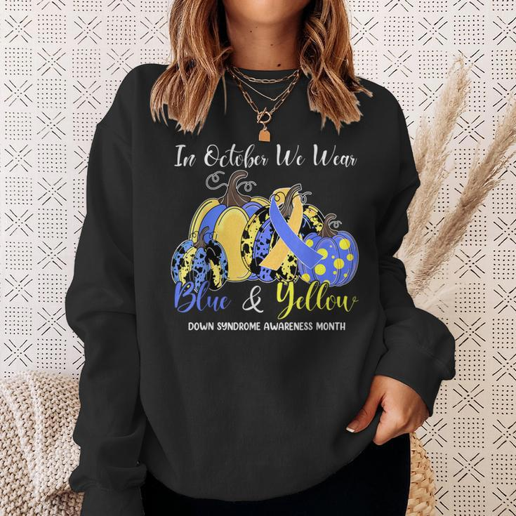 We Wear Yellow And Blue Pumpkins For Down Syndrome Awareness Sweatshirt Gifts for Her