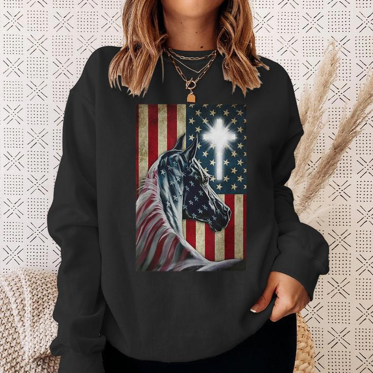 Western Cowboy Cowgirl Patriot Horse Jesus Cross Usa Flag Sweatshirt Gifts for Her