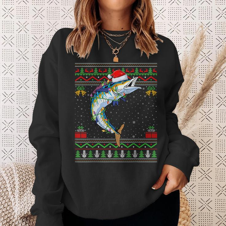 Xmas Lights Ugly Sweater Style Santa Wahoo Fish Christmas Sweatshirt Gifts for Her