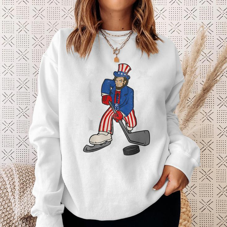 Abraham Lincoln Playing Hockey Funny 4Th Of July Hockey Sweatshirt Gifts for Her