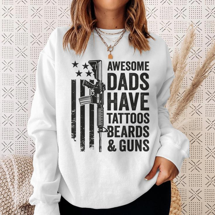 Awesome Dads Have Tattoos Beards & Guns - Funny Dad Gun Sweatshirt Gifts for Her