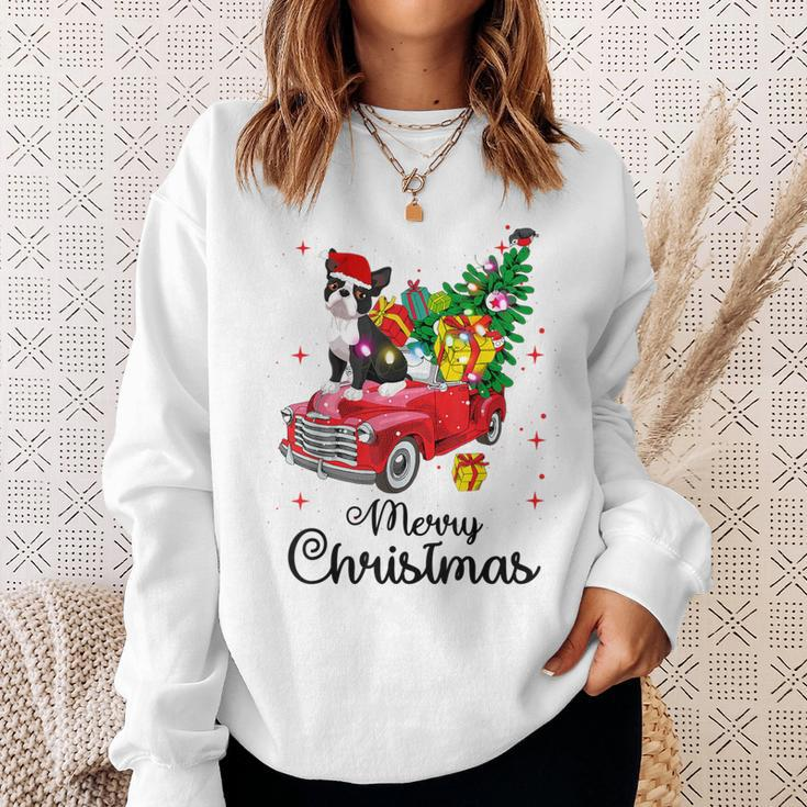 Boston Terrier Ride Red Truck Christmas Pajama Sweatshirt Gifts for Her