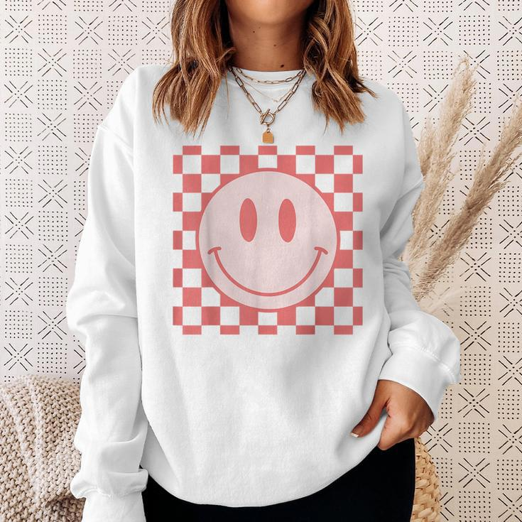 Checkered Pattern Smile Face Vintage Happy Face Red Retro Sweatshirt Gifts for Her